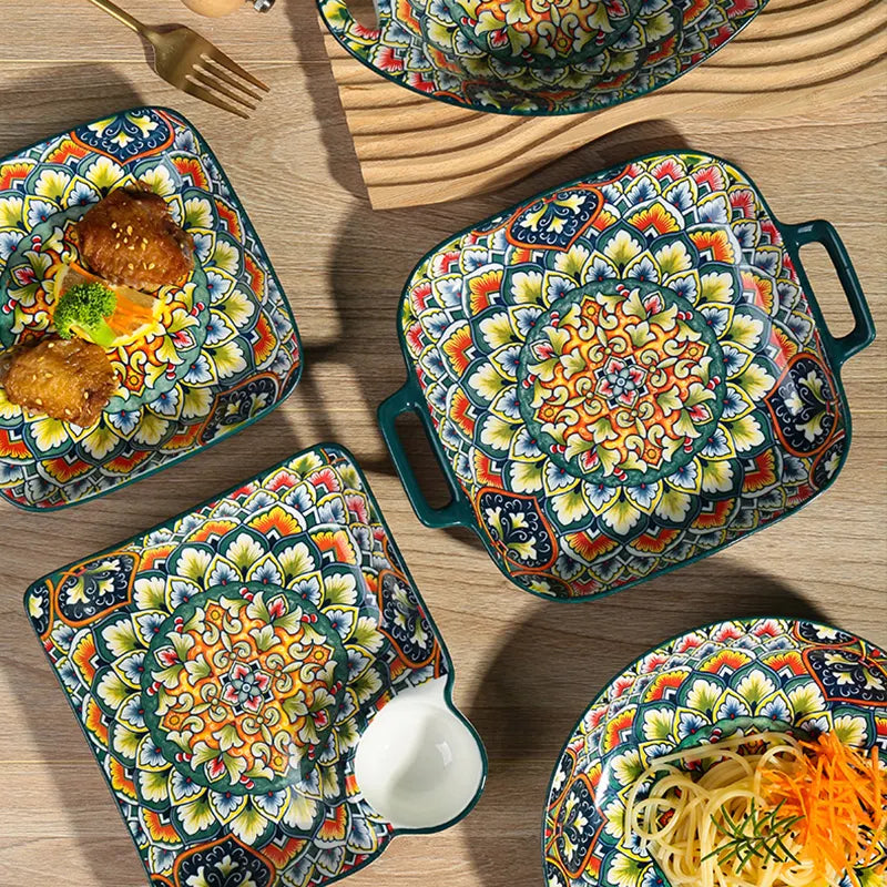 Bohemian Ceramic Tableware Bilitis Bowls And Plates Light Luxury Hand Painted Creative Household Rice Bowl Soup Bowl Vegetable Plate