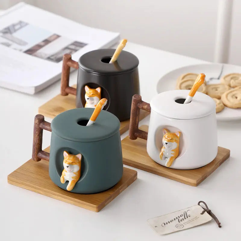 3D Cartoon Shiba Inu Ceramic Mug with Cover Spoon and Gift Box