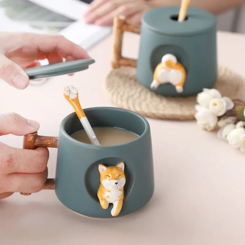 3D Cartoon Shiba Inu Ceramic Mug with Cover Spoon and Gift Box