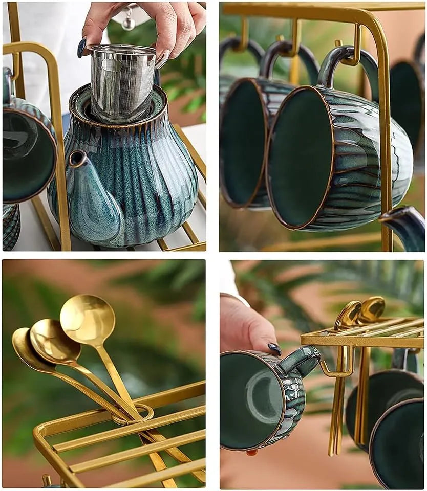 Luxury Tea Set Ceramic Coffee Set, with Storage Rack