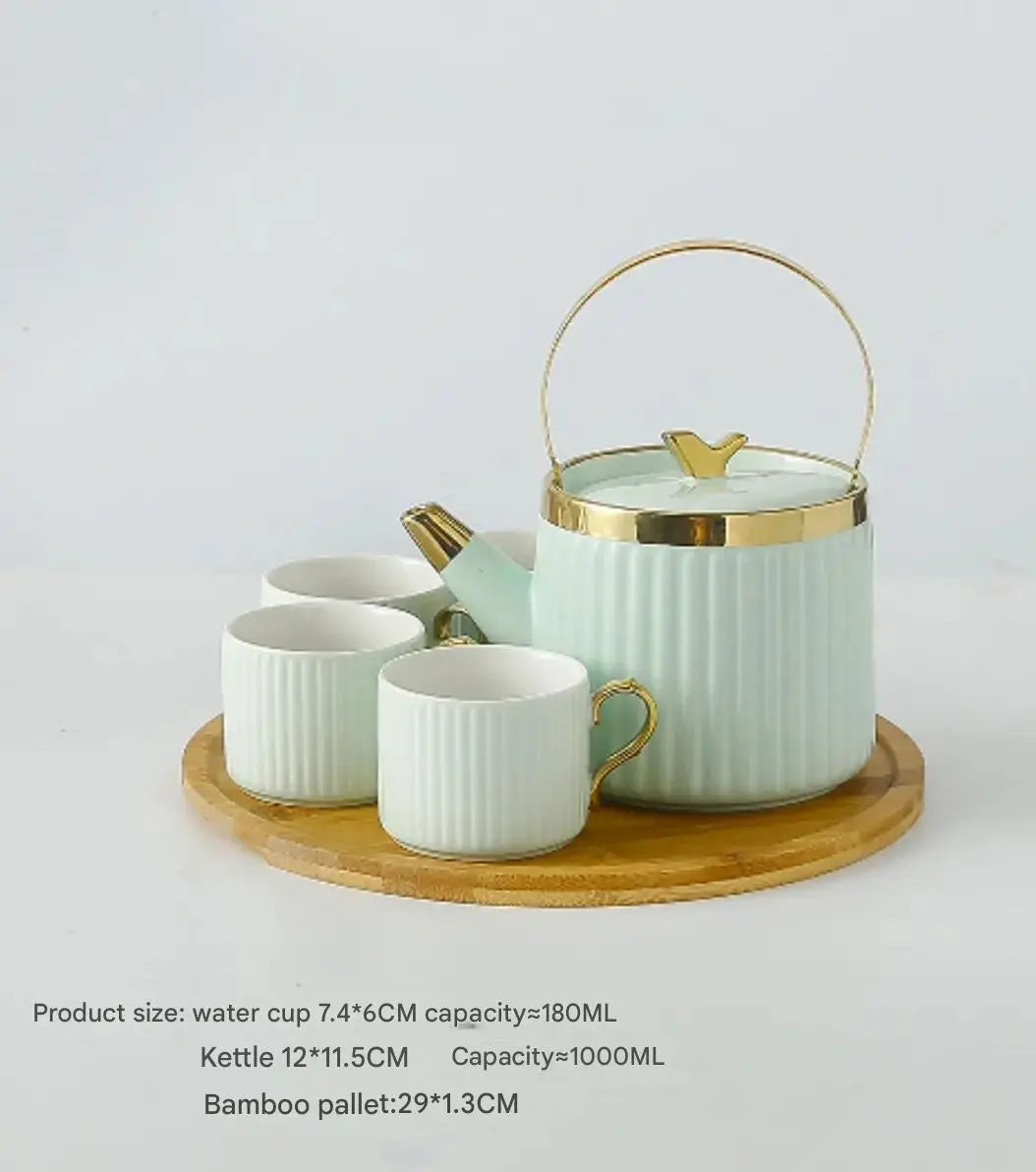 Luxury Coffee Tea Set 4 Cups 1 Kettle with Wood Stand (green)