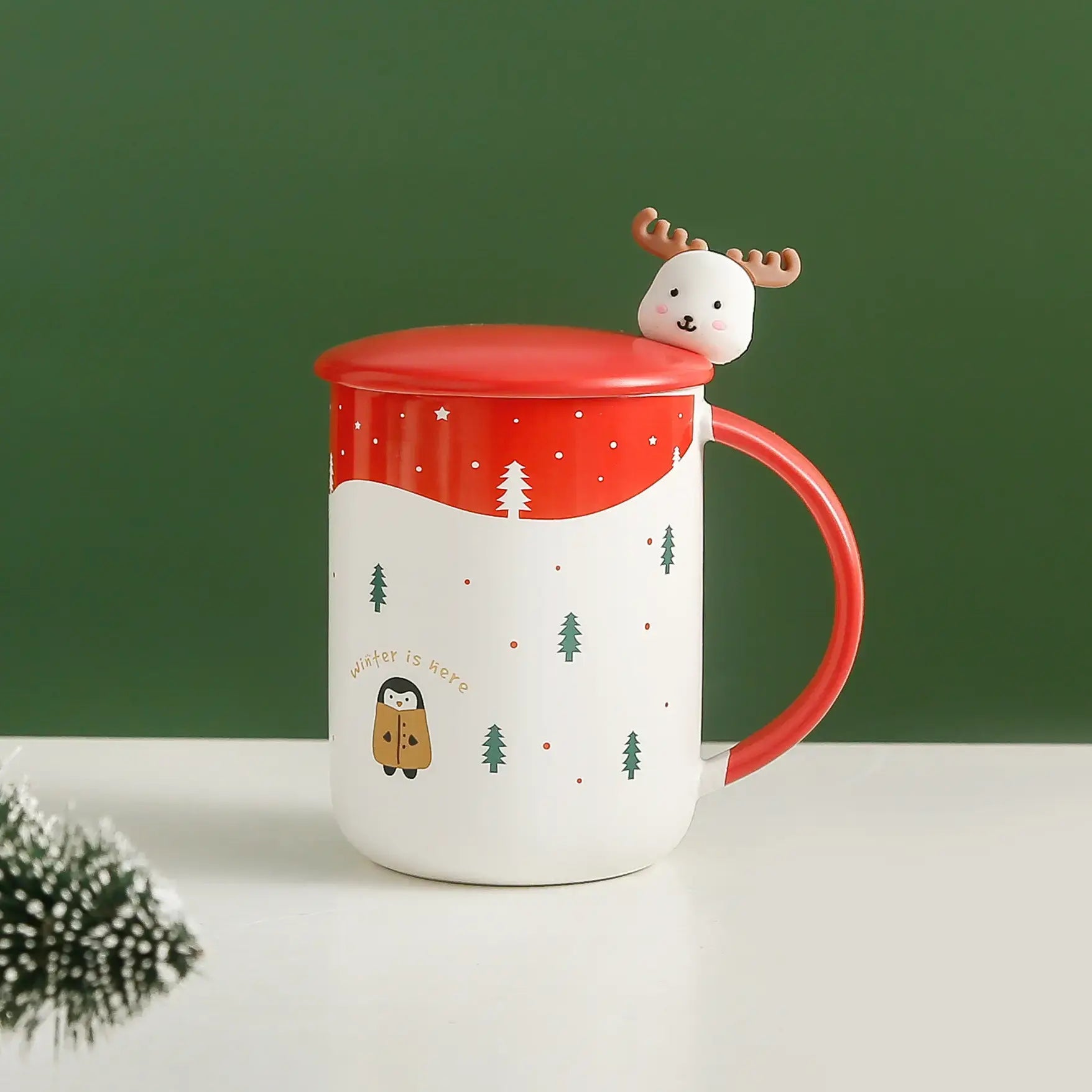 كوب بتصميم أيل عيد الميلاد مع غطاء وملعقة من الفولاذ المقاوم للصدأ