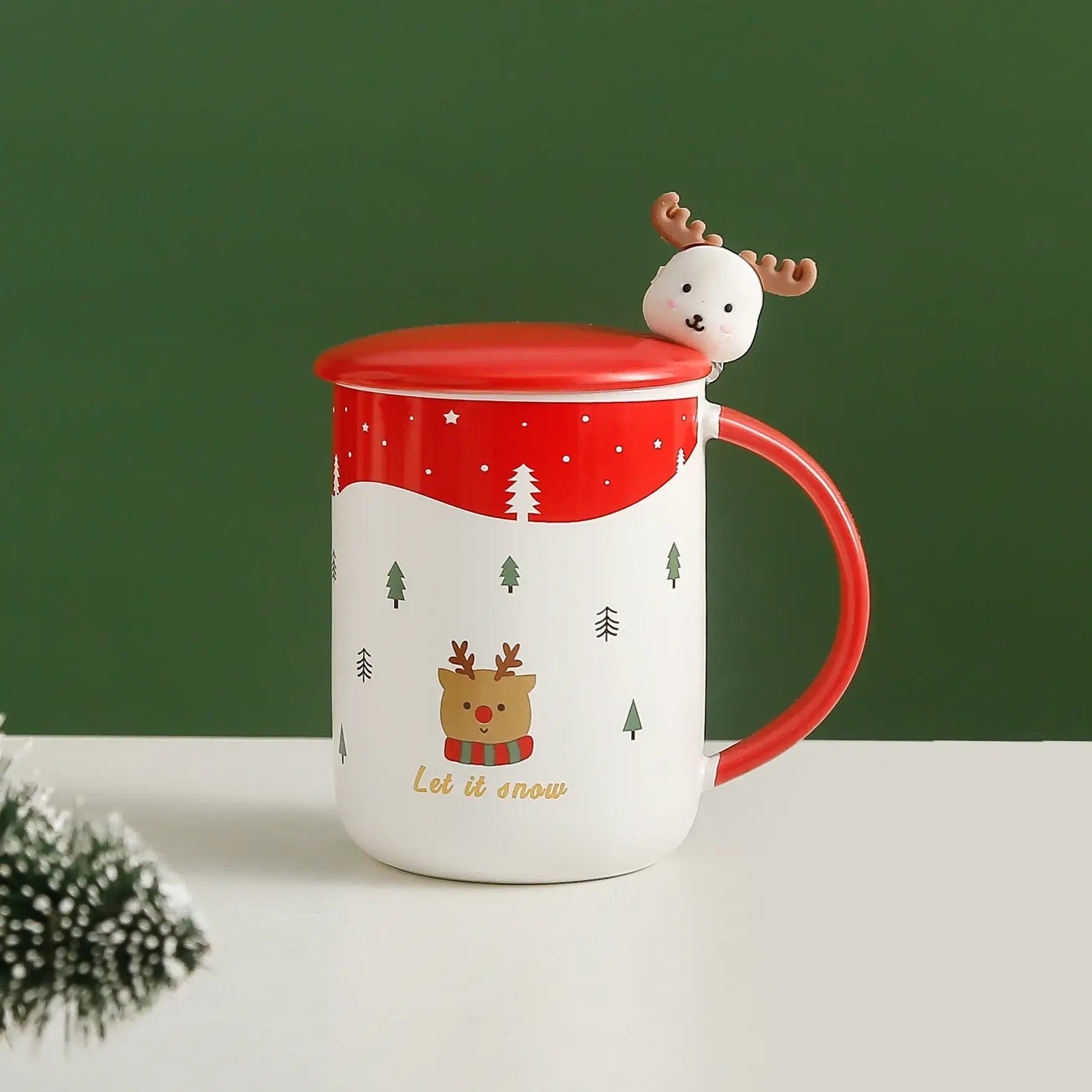 كوب بتصميم أيل عيد الميلاد مع غطاء وملعقة من الفولاذ المقاوم للصدأ