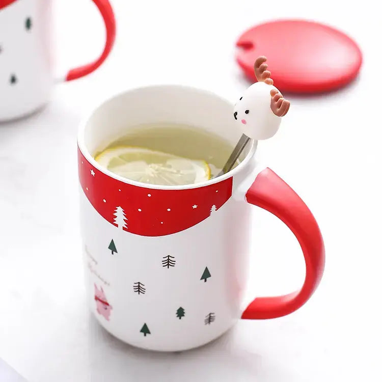 كوب بتصميم أيل عيد الميلاد مع غطاء وملعقة من الفولاذ المقاوم للصدأ