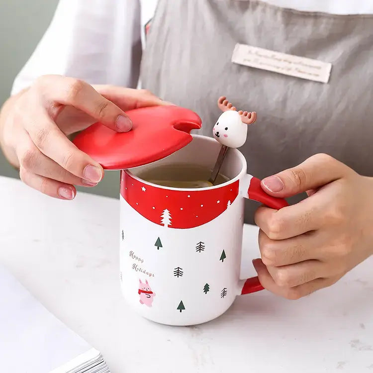 كوب بتصميم أيل عيد الميلاد مع غطاء وملعقة من الفولاذ المقاوم للصدأ