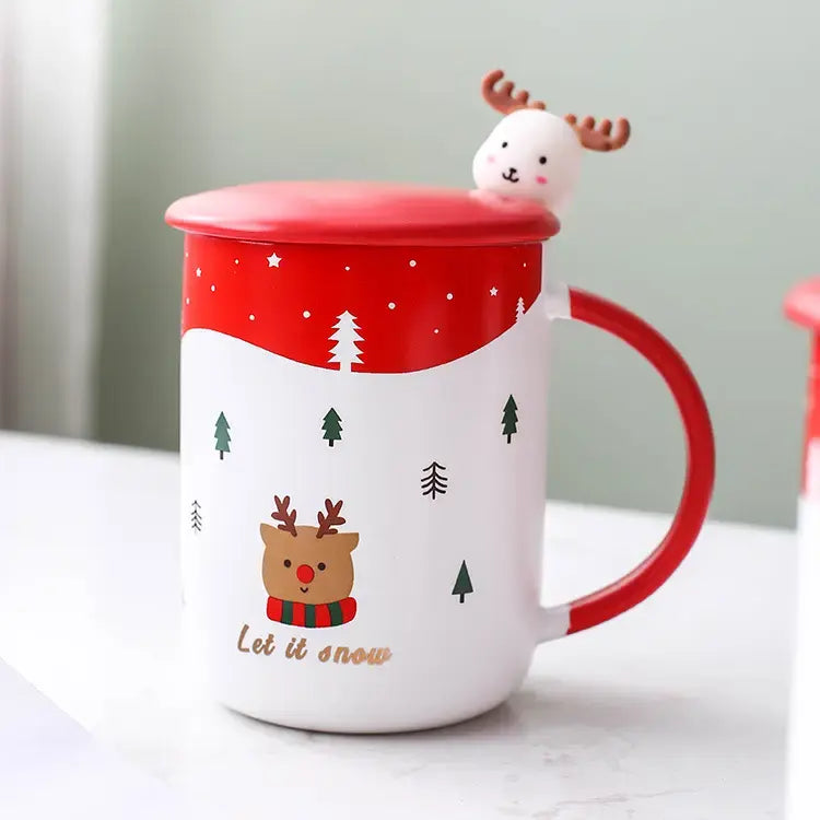 كوب بتصميم أيل عيد الميلاد مع غطاء وملعقة من الفولاذ المقاوم للصدأ