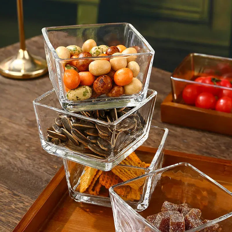 أطباق زجاجية شفافة/ذهبية مع صينية خشبية