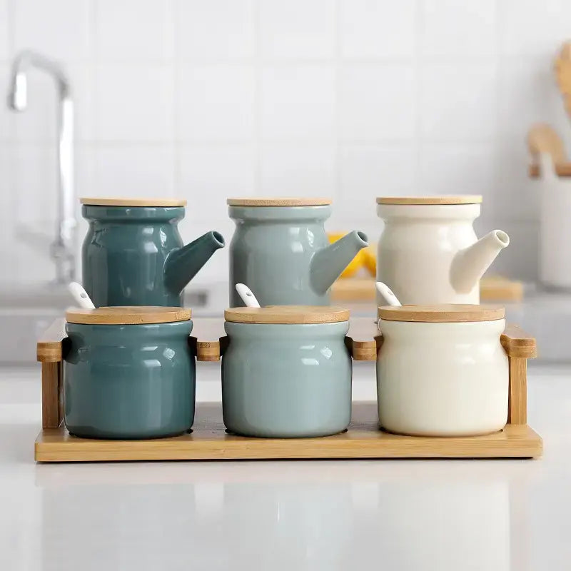 Seasoning Pot Salt Sugar Pepper Spice Box Ceramic Storage With Bamboo Cover