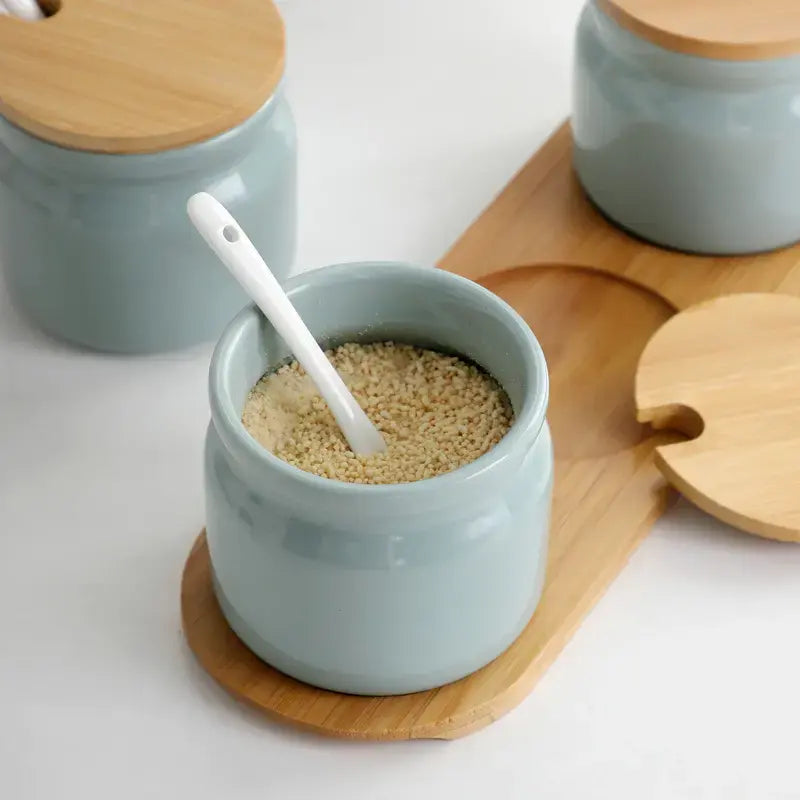 Seasoning Pot Salt Sugar Pepper Spice Box Ceramic Storage With Bamboo Cover