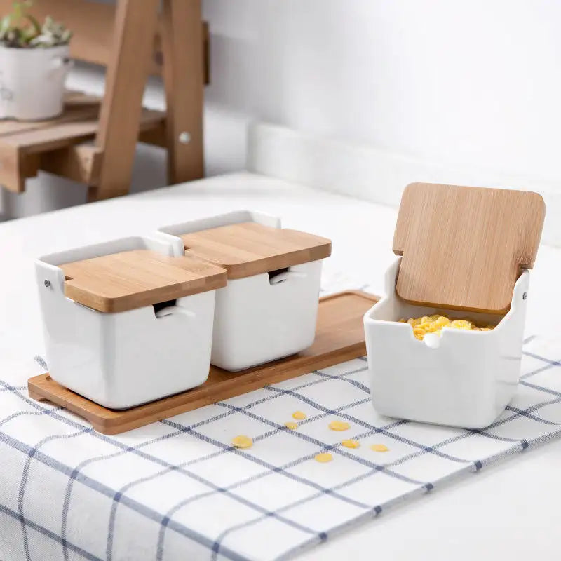Ceramic Salt Sugar Pepper Pot Spice Jar 3pcs Set Seasoning Box With Wooden Cover Spice Storage Organizer