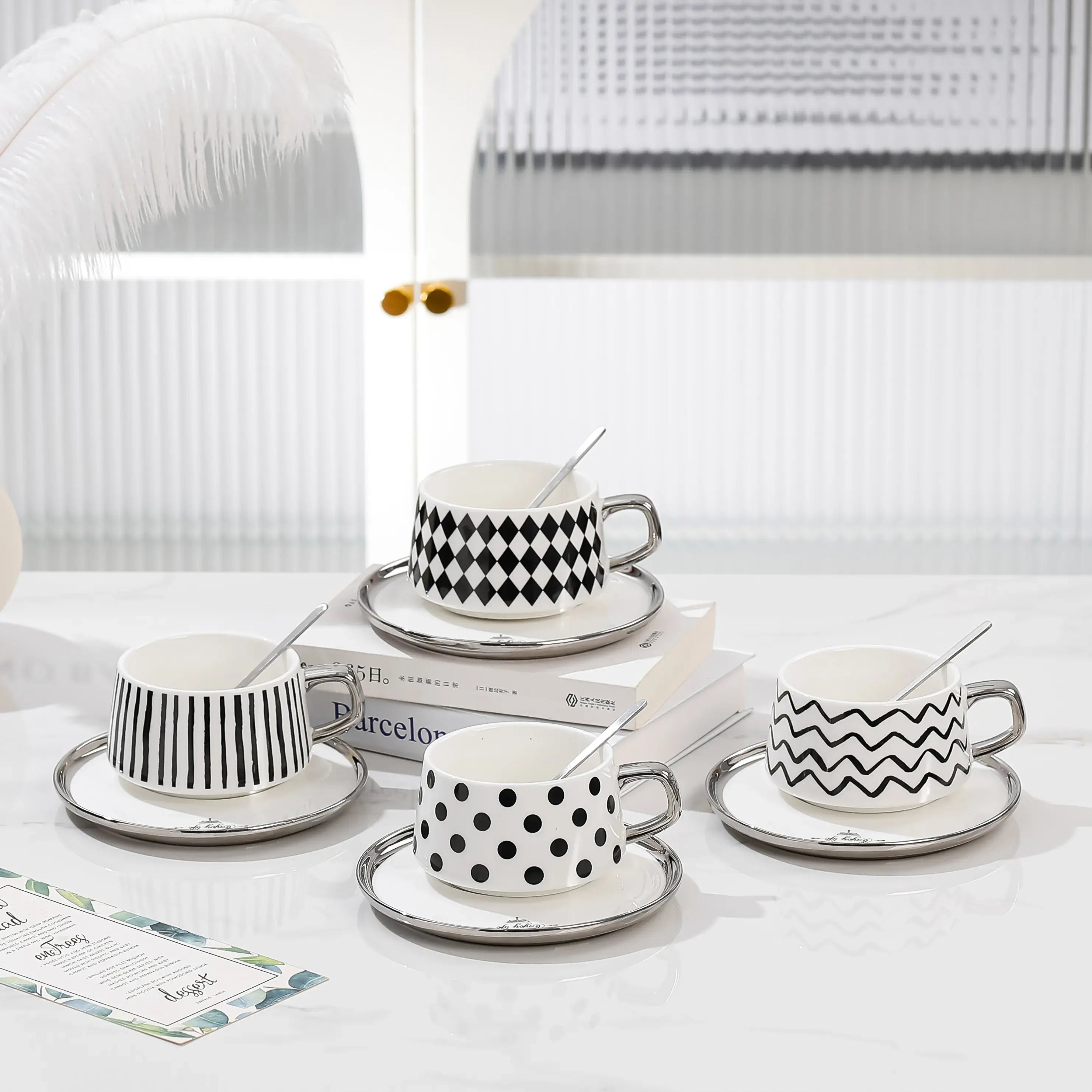 Nordic Silver Edge Coffee Mug And Saucer Set Black And White Designs