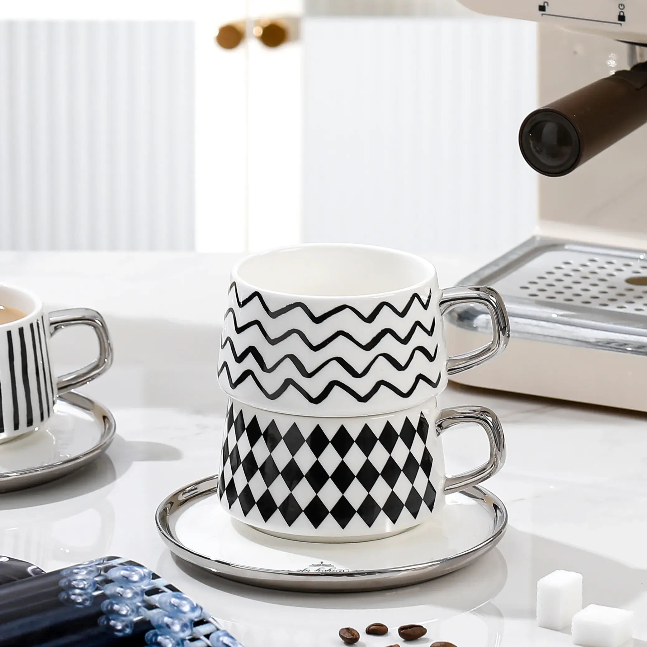 Nordic Silver Edge Coffee Mug And Saucer Set Black And White Designs