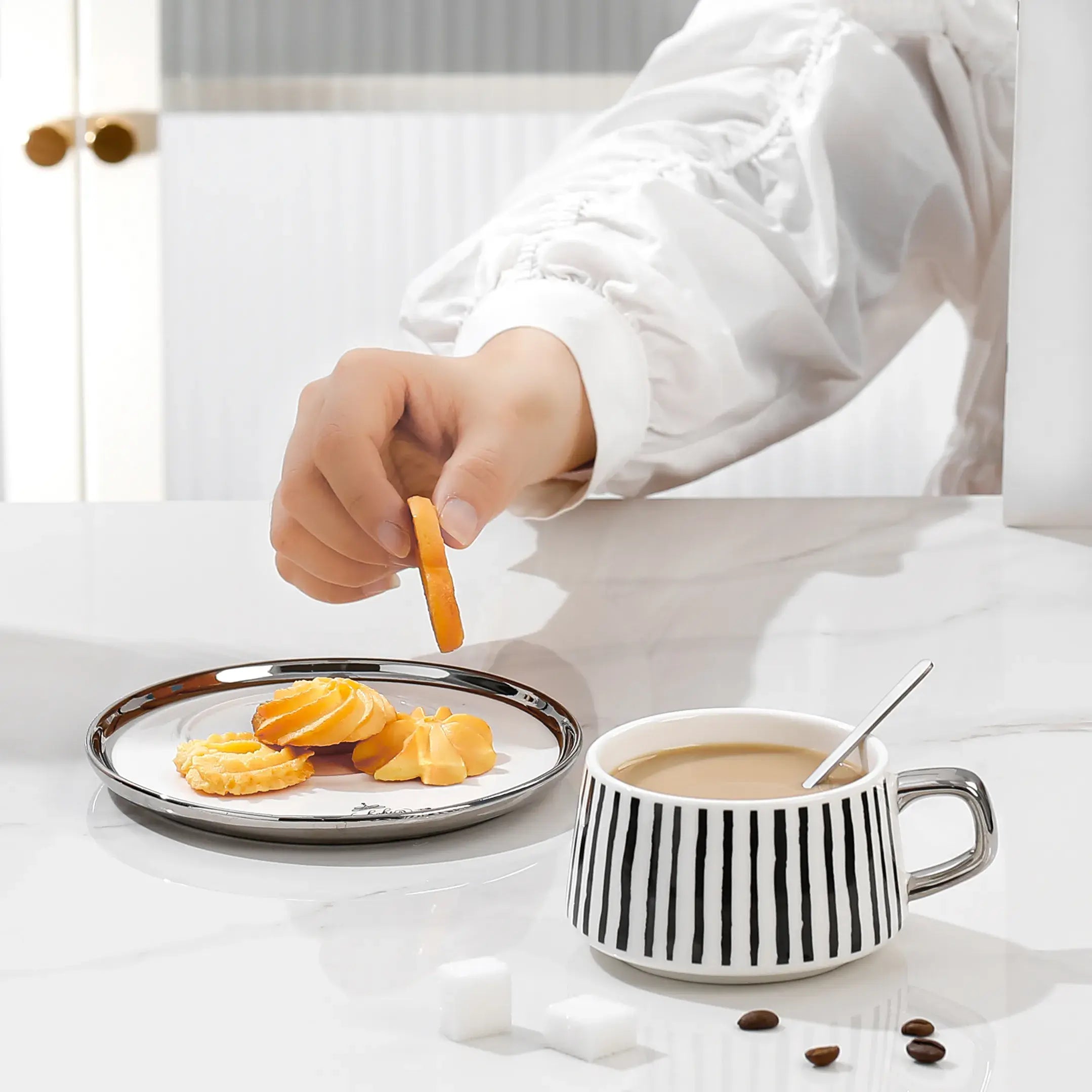 Nordic Silver Edge Coffee Mug And Saucer Set Black And White Designs