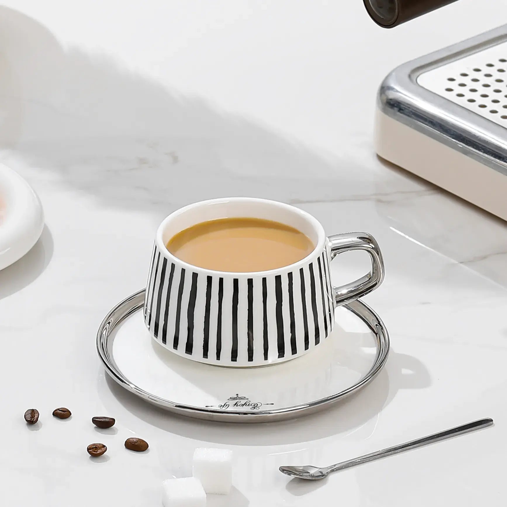 Nordic Silver Edge Coffee Mug And Saucer Set Black And White Designs