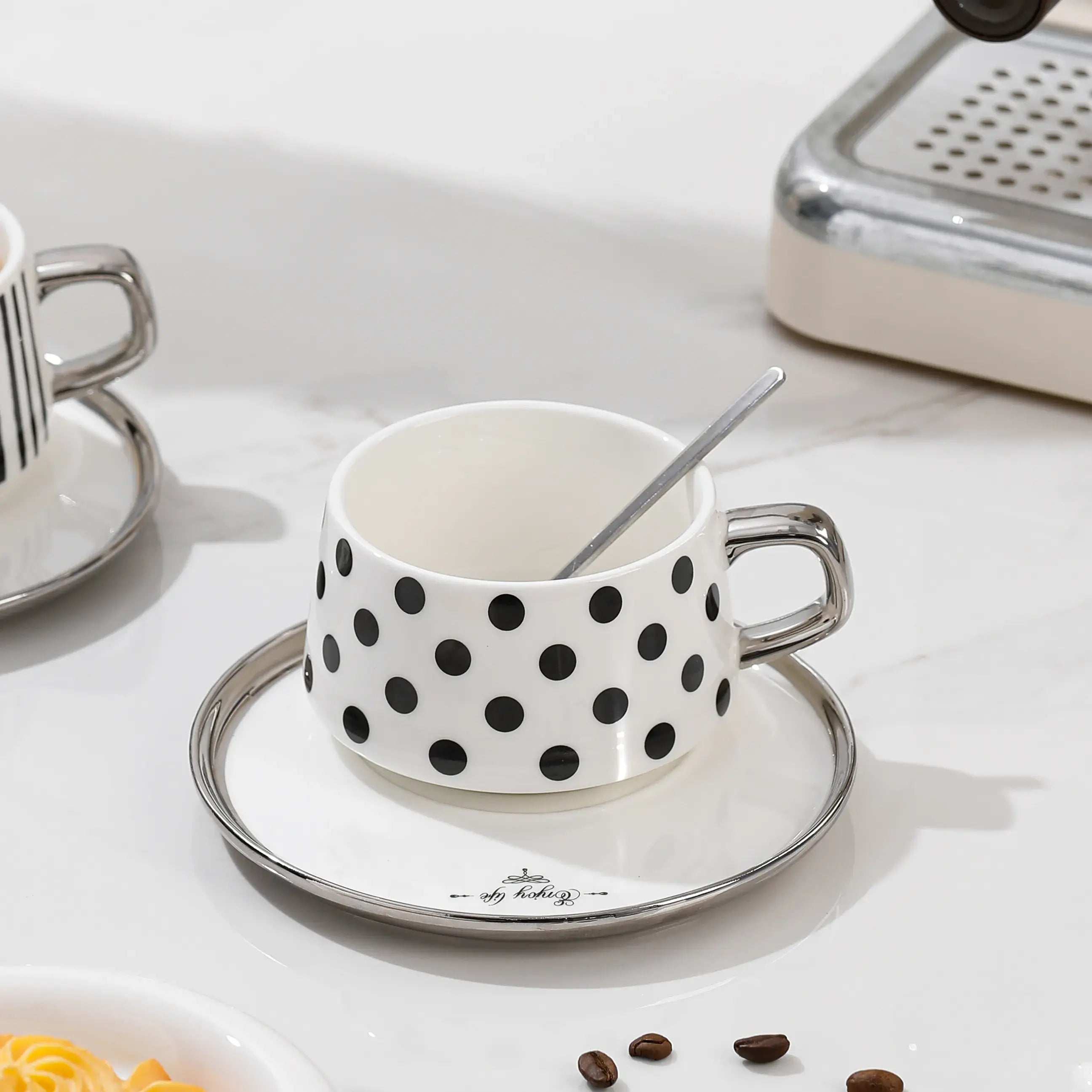 Nordic Silver Edge Coffee Mug And Saucer Set Black And White Designs