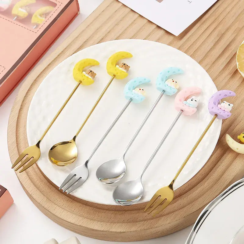New Stainless Steel Moon Rabbit Cartoon Stirring Spoon and Fork Creative Childlike