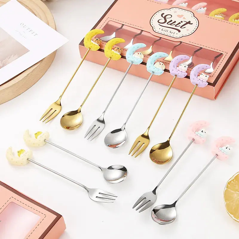 New Stainless Steel Moon Rabbit Cartoon Stirring Spoon and Fork Creative Childlike