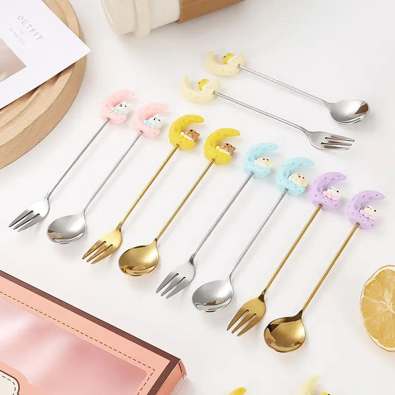 New Stainless Steel Moon Rabbit Cartoon Stirring Spoon and Fork Creative Childlike