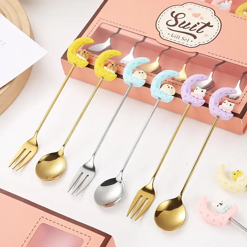 New Stainless Steel Moon Rabbit Cartoon Stirring Spoon and Fork Creative Childlike