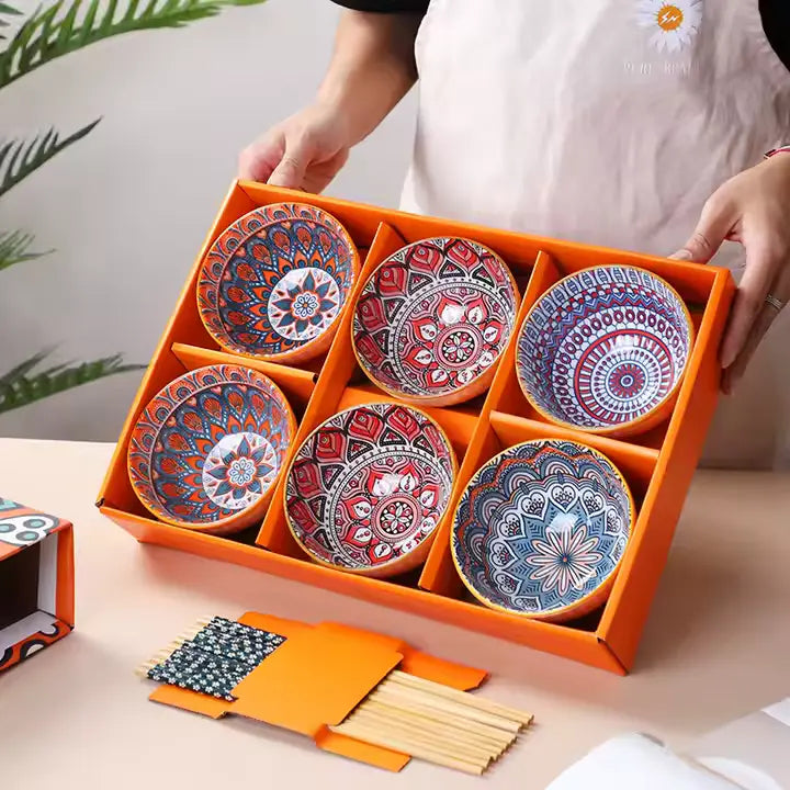 Bohemian Bowls Chopsticks Blue and White - Orange Ceramic Gift Box