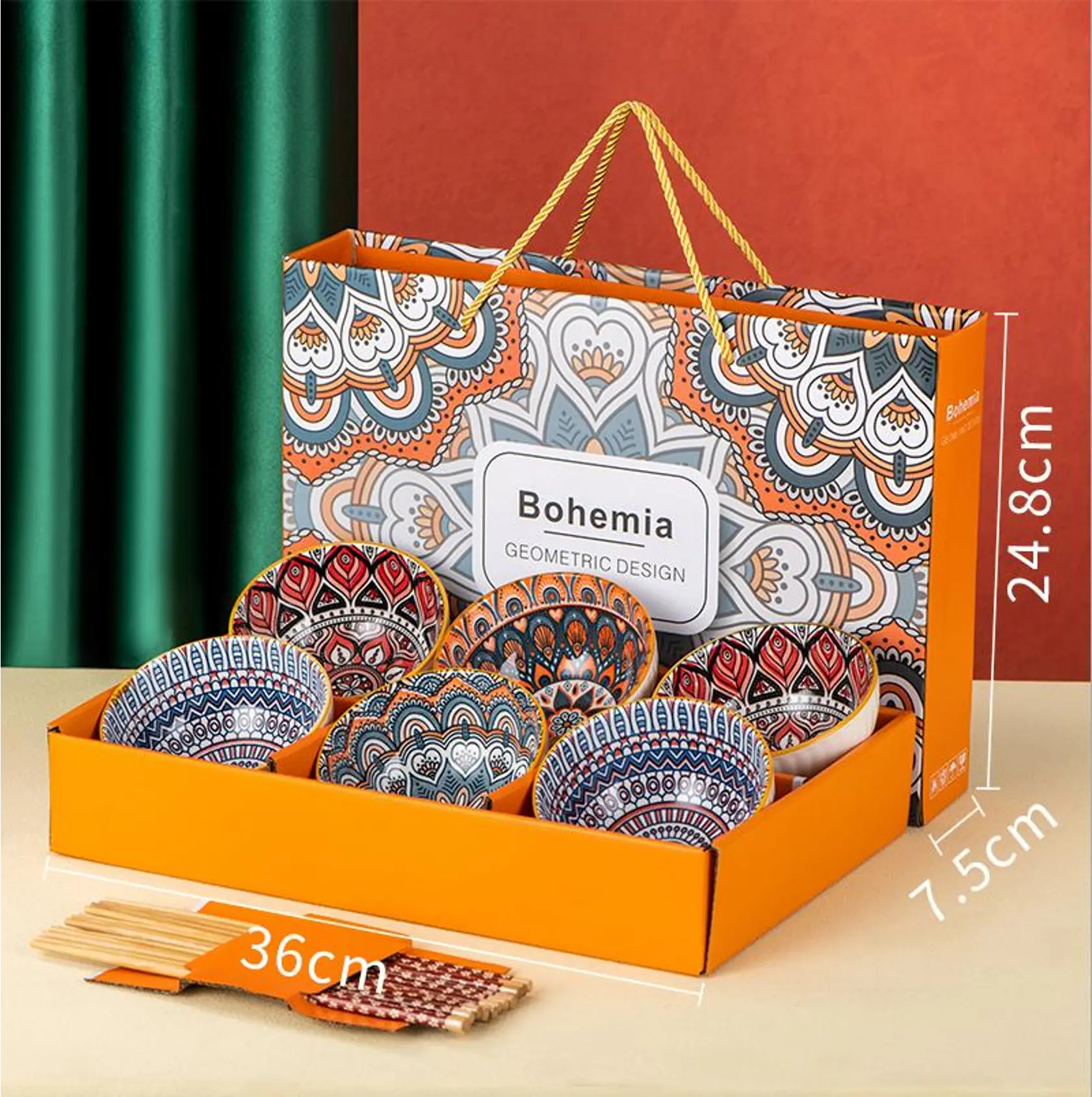 Bohemian Bowls Chopsticks Blue and White - Orange Ceramic Gift Box