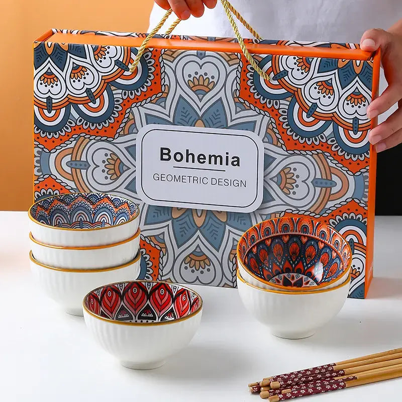Bohemian Bowls Chopsticks Blue and White - Orange Ceramic Gift Box