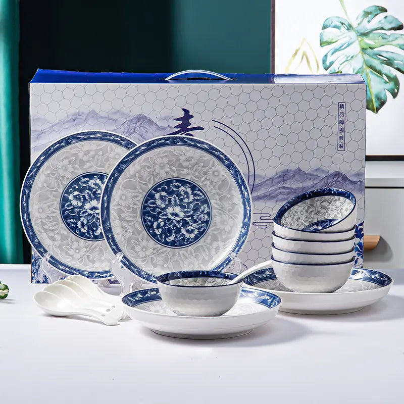 Bohemian Blue Ceramic Bowl with Spoon Gift box Set Porcelain