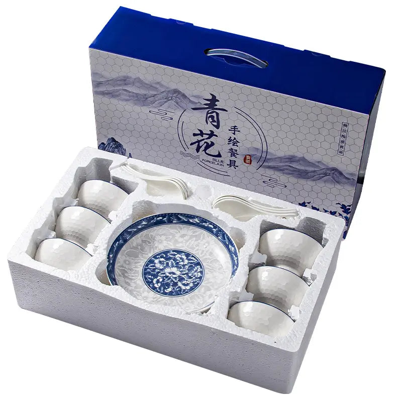 Bohemian Blue Ceramic Bowl with Spoon Gift box Set Porcelain