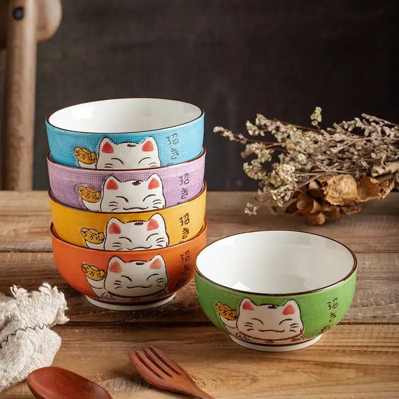 Japanese Lucky Cat Round Hand Painted Gift Box 5 Piece Bowls
