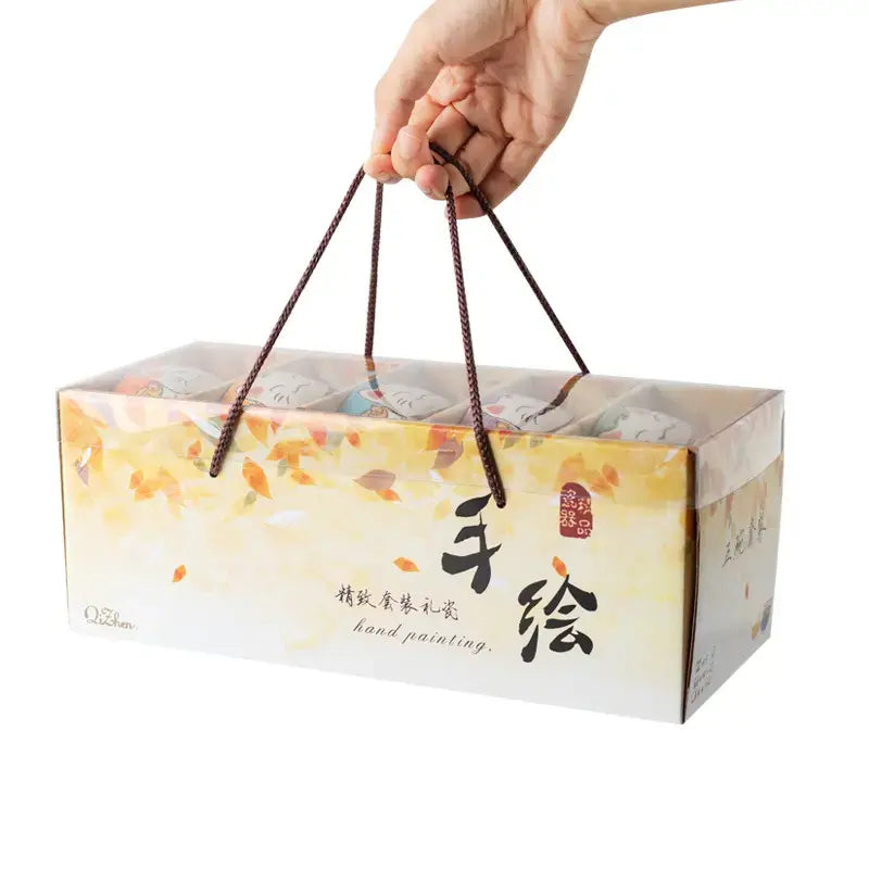 Japanese Lucky Cat Round Hand Painted Gift Box 5 Piece Bowls