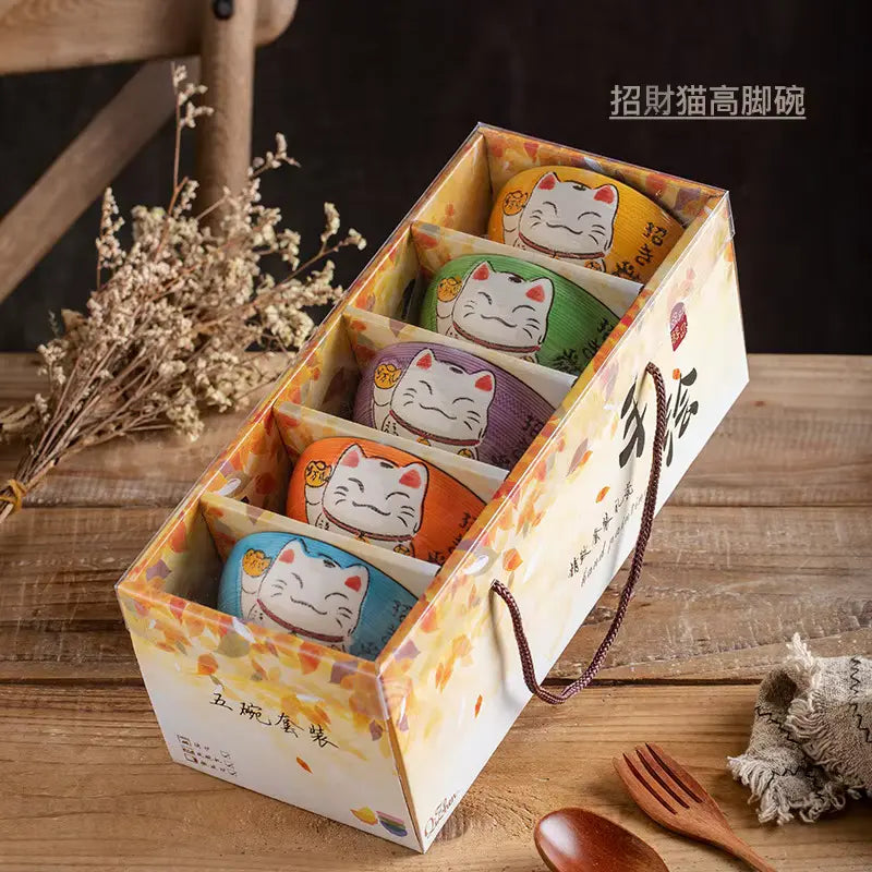 Japanese Lucky Cat Round Hand Painted Gift Box 5 Piece Bowls