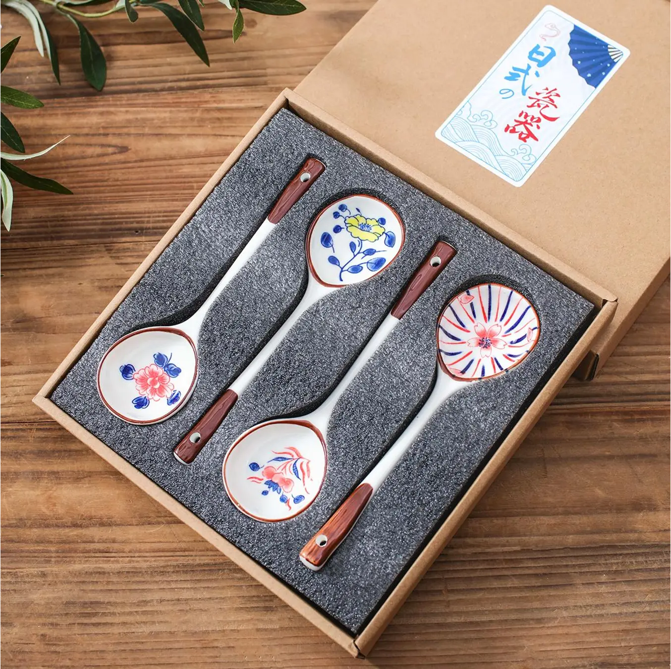 Japanese Pattern Long Handle Ceramic Spoon