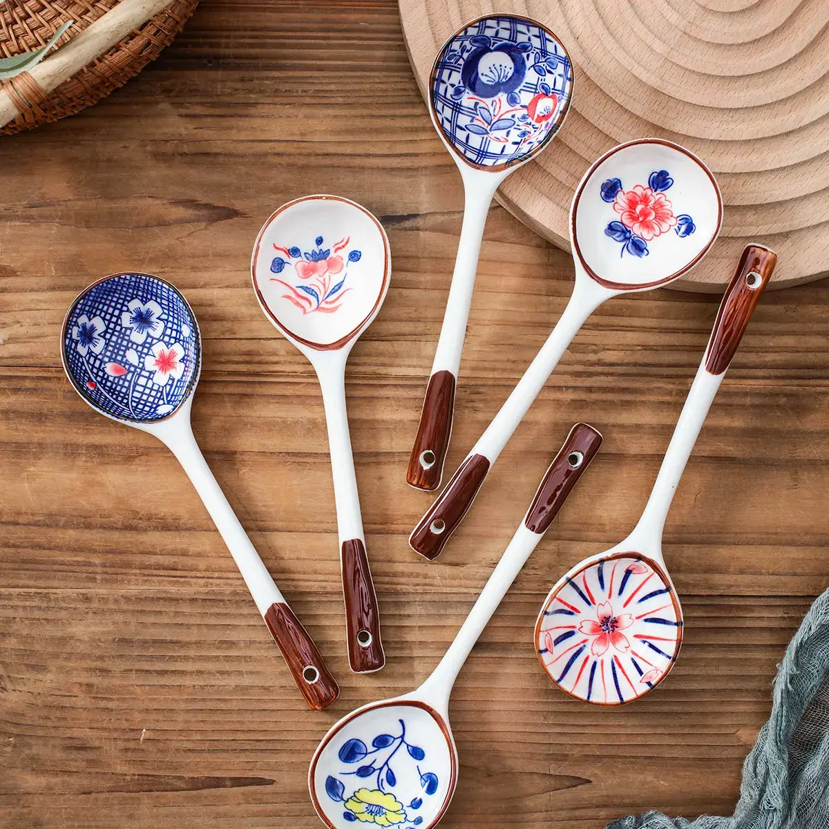 Japanese Pattern Long Handle Ceramic Spoon