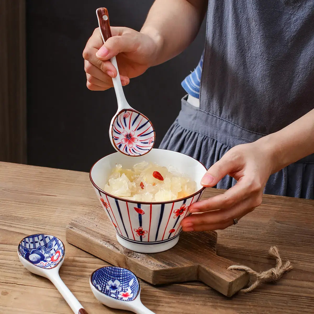 Japanese Pattern Long Handle Ceramic Spoon