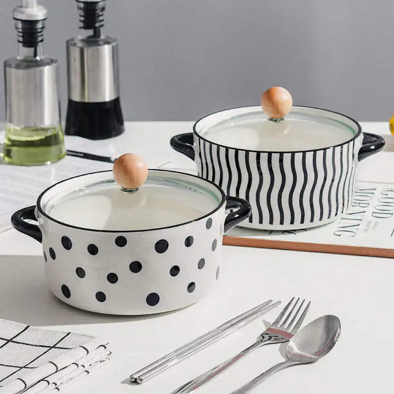 Luxury Ceramic Bowls 6 inch with Wooden Glass Lid