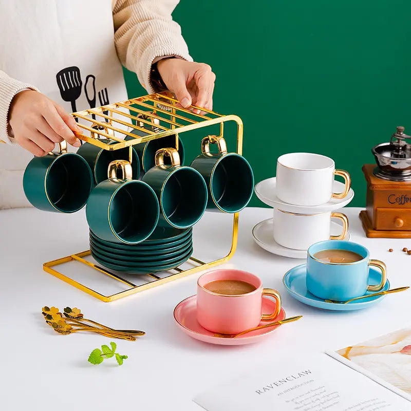 Nordic Luxury Ceramic Coffee Set With Iron Stand Green