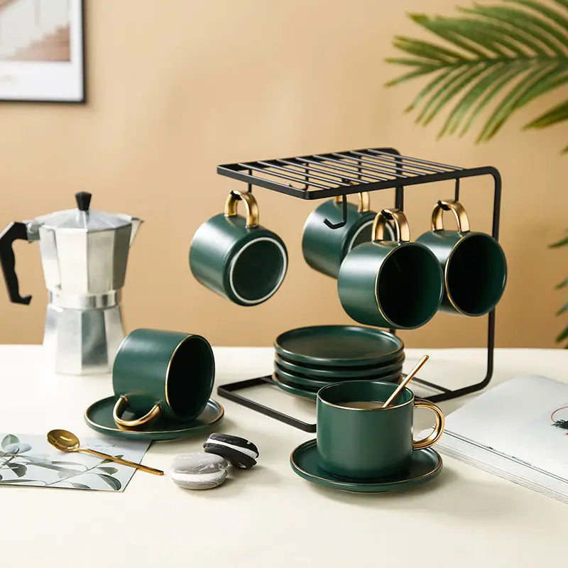Nordic Luxury Ceramic Coffee Set With Iron Stand Green