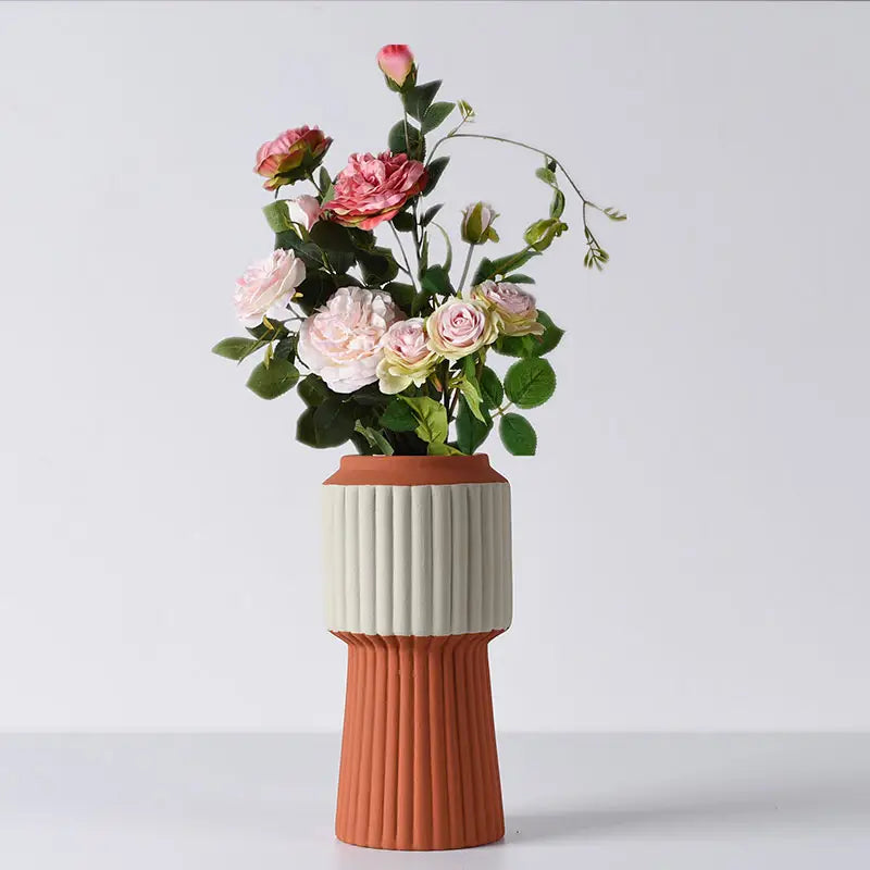 Nordic Style Vertical Grain Ceramic Vase Brick Color