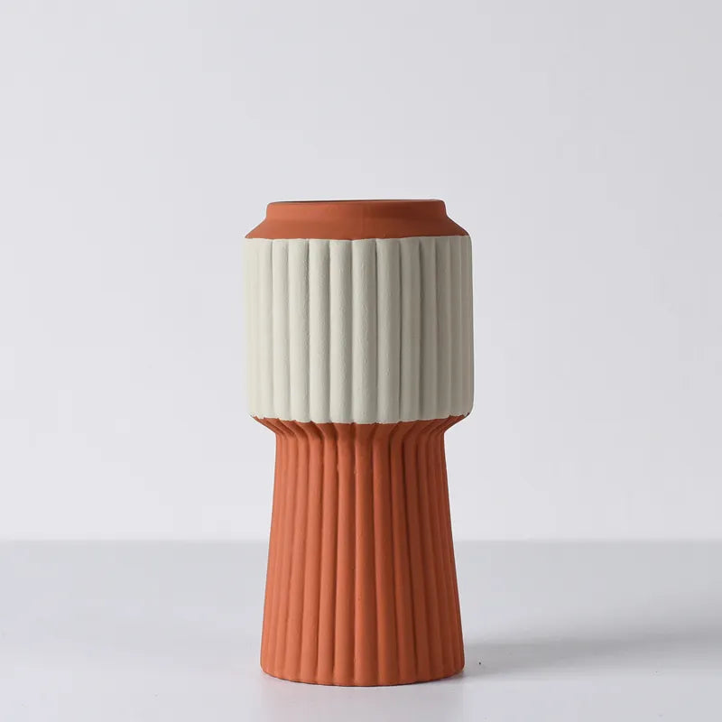Nordic Style Vertical Grain Ceramic Vase Brick Color