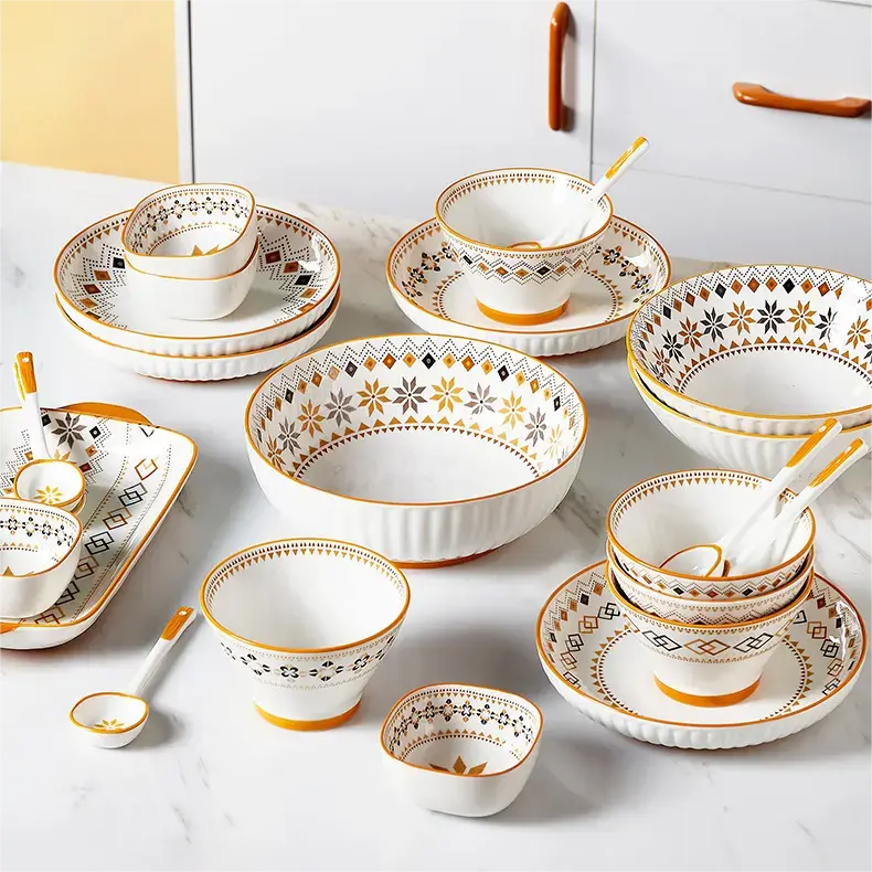 Japanese Style Underglaze Colored Ceramic Tableware Bowl and Dish Set