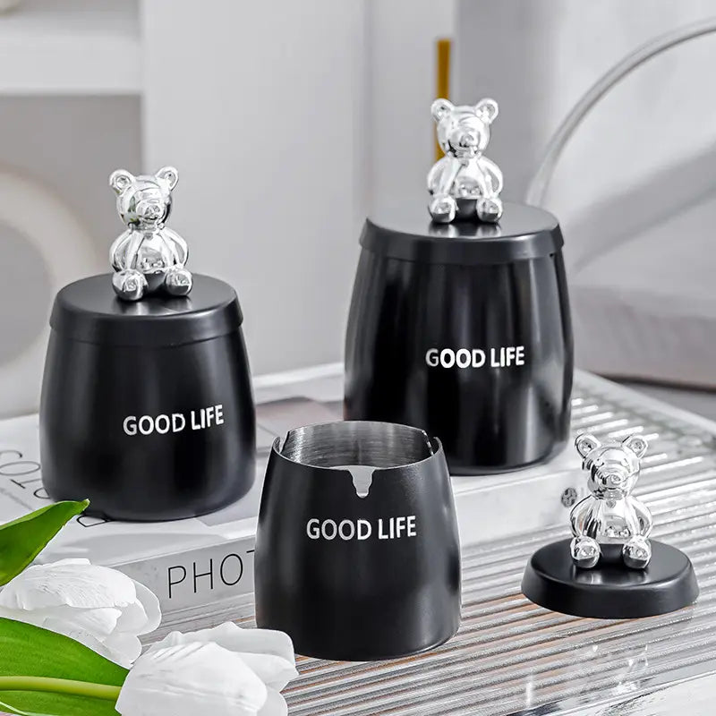 Classical Ashtray Stainless Steel with Cover Smoking Dish with Bear Lid