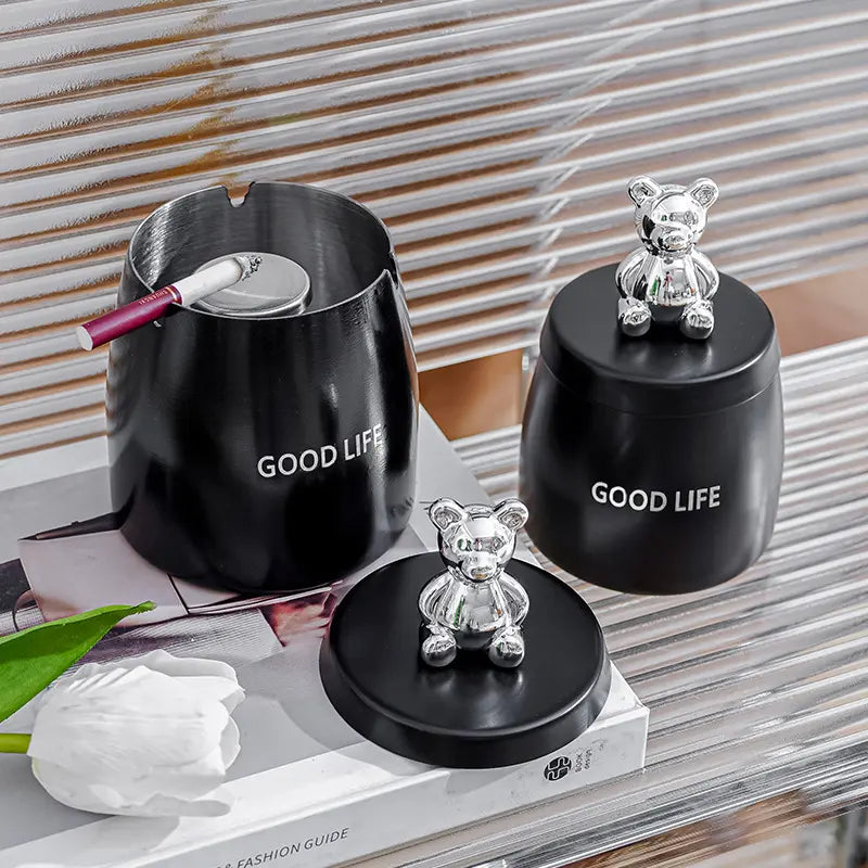 Classical Ashtray Stainless Steel with Cover Smoking Dish with Bear Lid