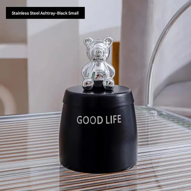 Classical Ashtray Stainless Steel with Cover Smoking Dish with Bear Lid