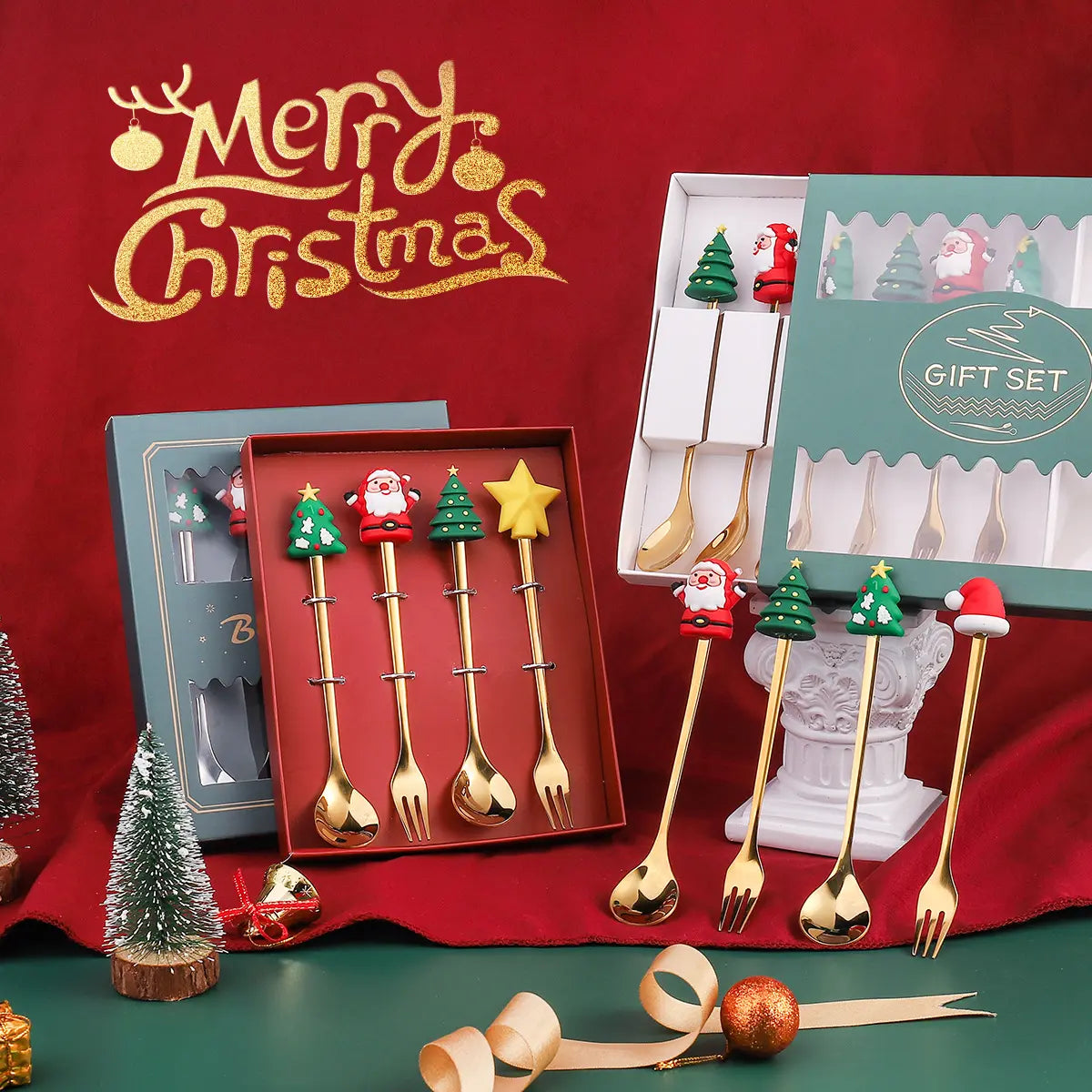 Christmas Stainless Steel Spoon and Fork Cutlery Set Gift Box Cartoon