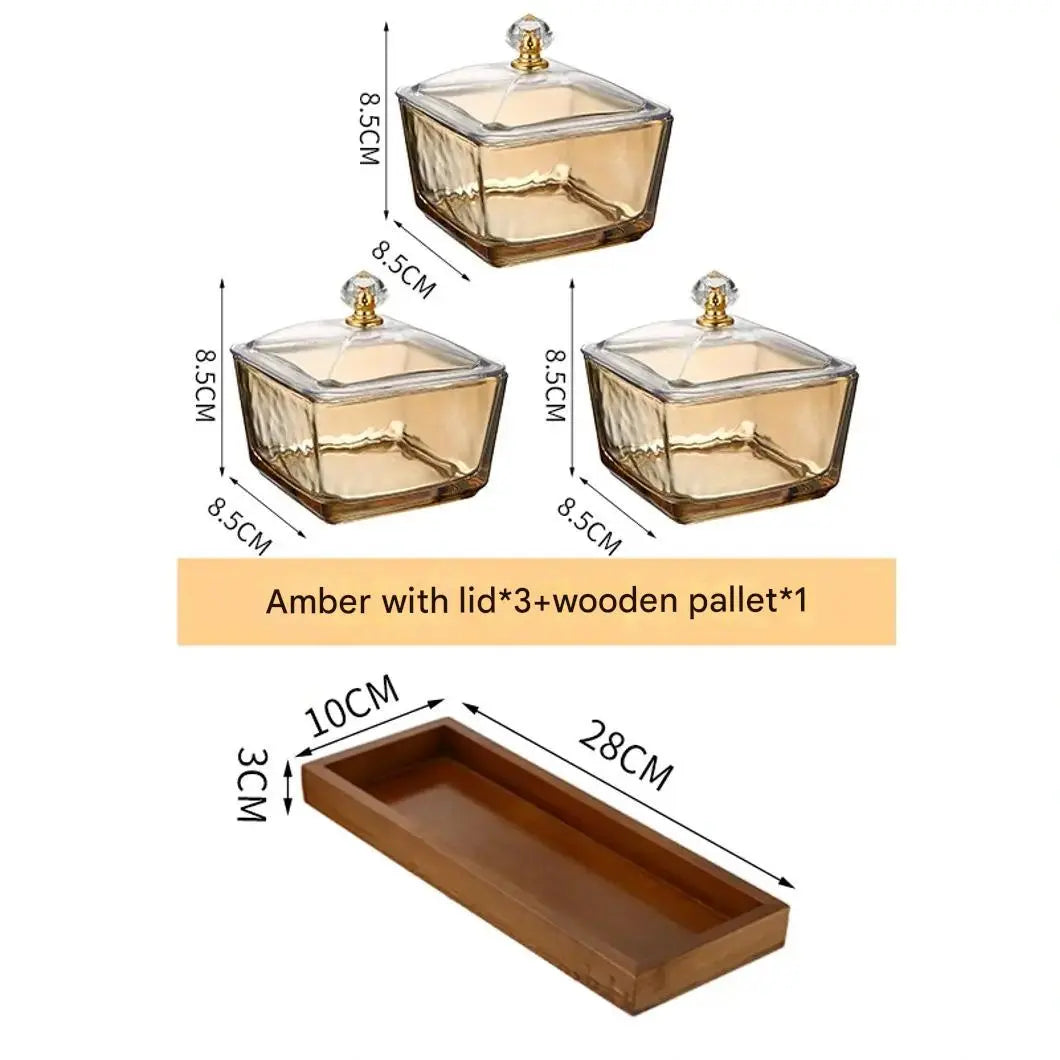 أطباق زجاجية شفافة/ذهبية مع صينية خشبية