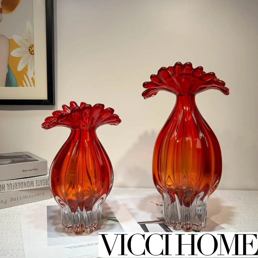 Handmade Sand Blowing Glass Crystal Vase – Heavy Red Cockscomb