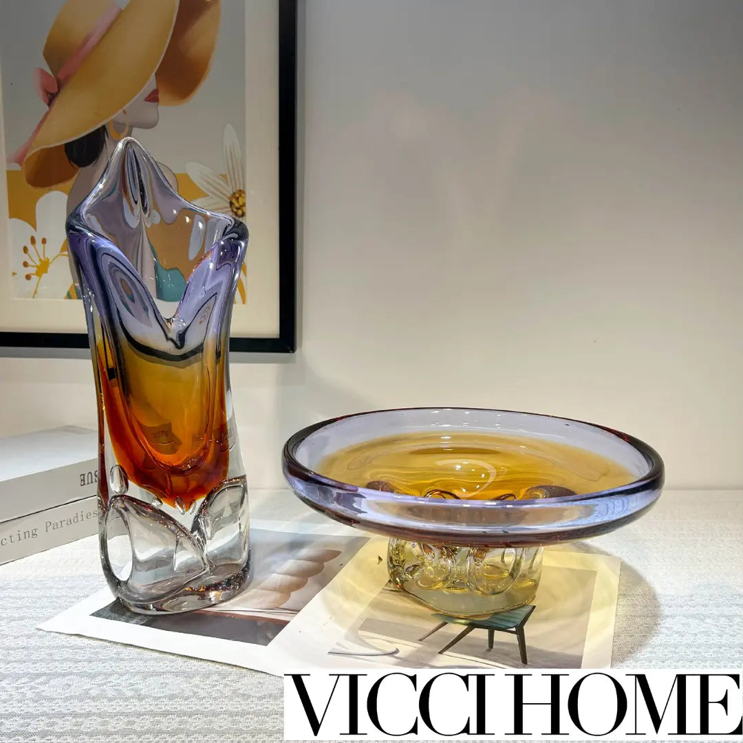 Sand Blowing Light Luxury Hollow Craft Glass Vase & Handmade Fruit Plate – High-End Elegance