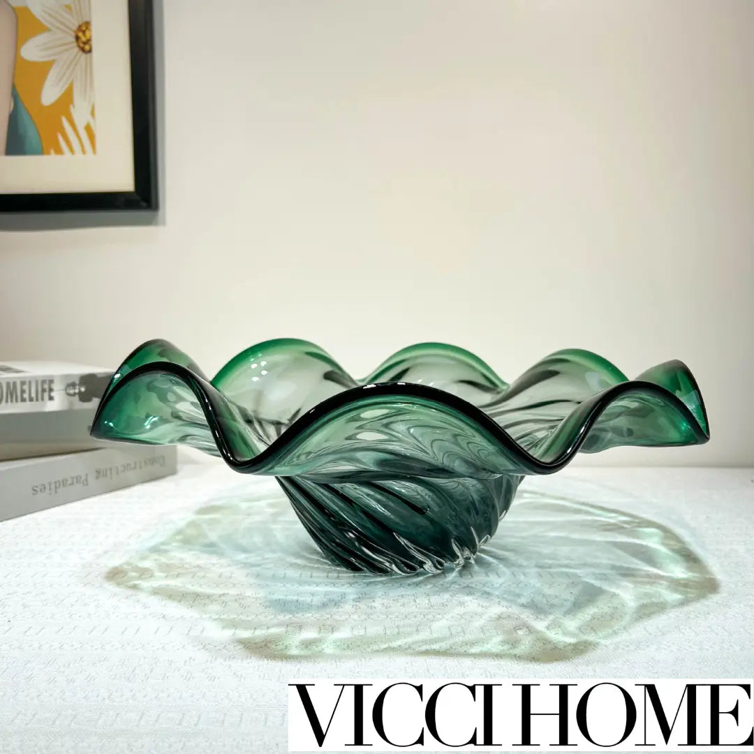 Sand Blowing Handcrafted Emerald Glass Fruit Plate – Sandblasted Finish