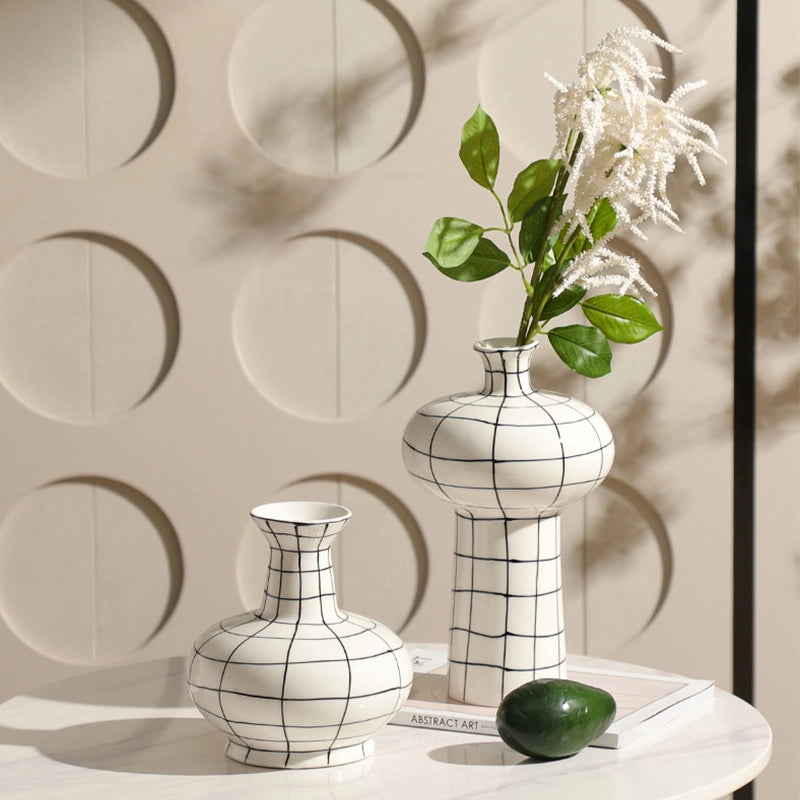 Hand-Painted Grid Vase – Geometric Line Design for Modern Interiors