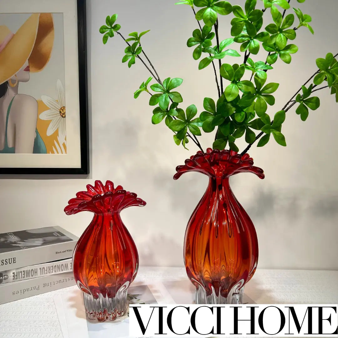 Handmade Sand Blowing Glass Crystal Vase – Heavy Red Cockscomb